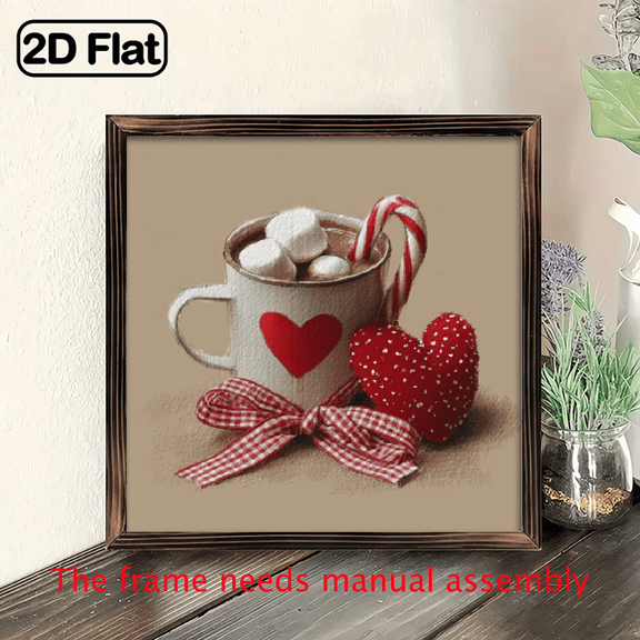 1pc 2D Flat Rustic Heart Hot Chocolate Wall Sign Love in a Cup Vintage Framed Art, 8x8 Inch Romantic Decor for Valentine'S Day, Wedding, Cafe, Love Theme Hanging Picture for Bedroom, Kitch