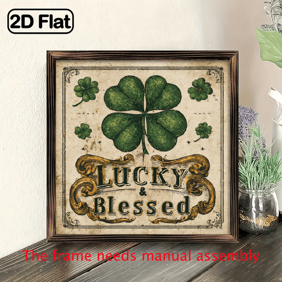 1pc 2D Flat Rustic Lucky Blessed Wood Framed Wall Sign St Patrick'S Day Lucky Decor with Wood Frame, 8x8 inch Irish Blessing Art Suitable for Home, Pub, Cafe, Office - Multi-Decoration, Reusable,