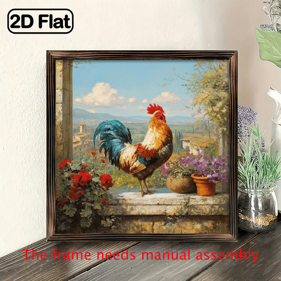 1pc 2D Flat Rustic Rooster On A Stone Wall Window Wood Framed Sign, Countryside Life, Wall Decoration, Farmhouse, Living Room, Kitchen, Bedroom, Porch, Anniversary, Decorative Sign