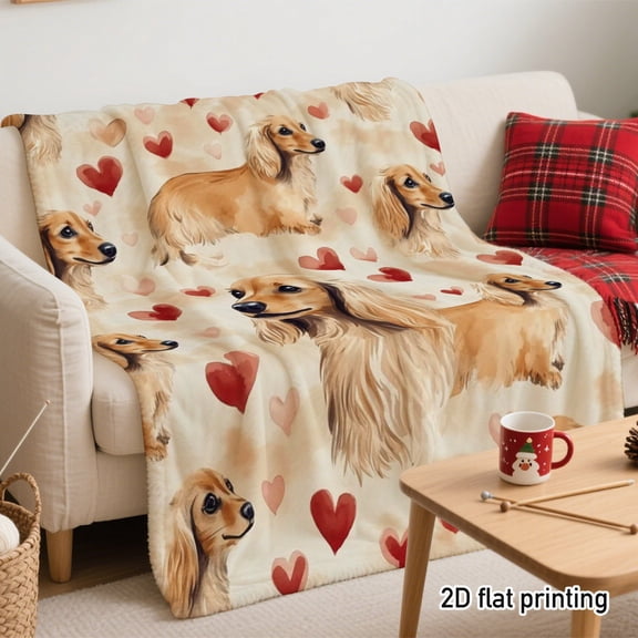1pc 2D Flat Watercolor Long Haired Dachshunds Cozy Throw Blanket | Cute Dogs with Red Hearts Pattern, Ideal for Lazy Sofa Days, Cozy Bedroom Naps, Weekend Home Decor, Polyester Flannel, Mixed Color