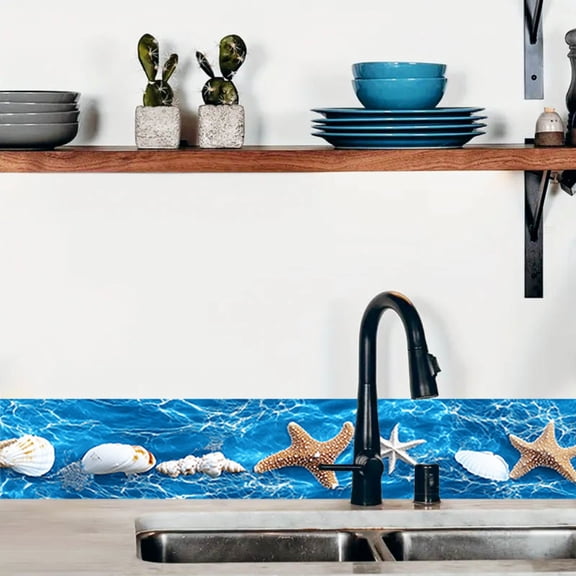 1pc, 2D/Flat, fresh blue background shell and starfish pattern self-adhesive skirting wall wallpaper, peelable and pastable wall border decorative strips, skirting board renovation stickers, home dec