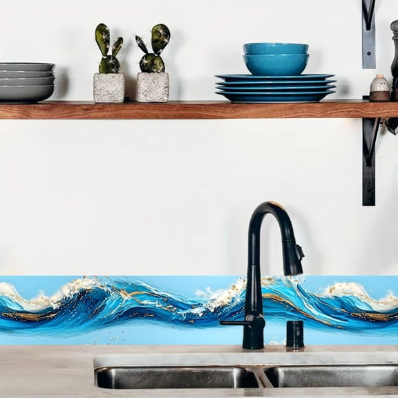 1pc, 2D/Flat, light luxury blue and gold wave texture pattern self-adhesive waistline wall wallpaper, peelable and pastable wall border decorative strips, skirting board renovation stickers, home dec