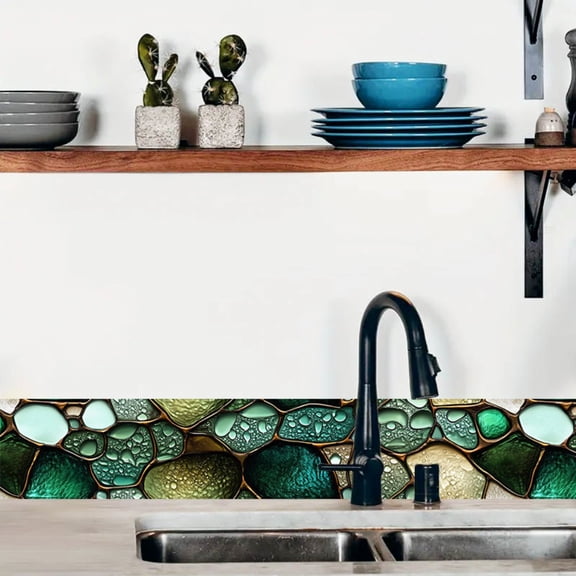 1pc, 2D/Flat, retro green copper Mosaic texture pattern self-adhesive waistline wall wallpaper, peelable and pastable wall border decorative strips, skirting board renovation stickers, home decoratio