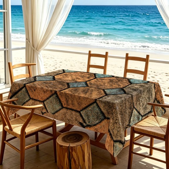 1pc 2D Mosaic Hexagon Stone Textured Tablecloth, Indoor Outdoor Cabin Rustic Kitchen Party Table Cover, Thanksgiving & Christmas Gifts