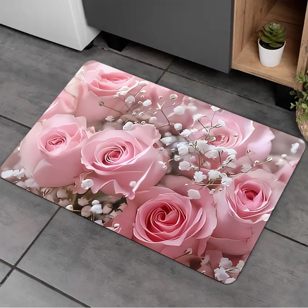1pc 2D Pink Floral Floor Mat, Roses & Baby's Breath Pattern, Soft ...