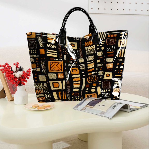 1pc 2D Printed Inspirational Birthday Gold Glitter High Heel Graphic Pattern Tote Bag, Black Glossy Top Handle Large Capacity Tote Bag for Work Commute Getaway Shopping,Thoughtful Birthday Gift