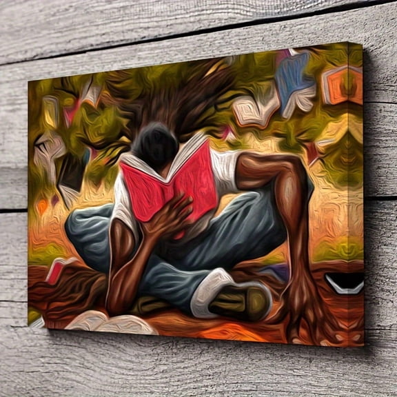 1pc 2D An abstract African American man is reading a book under a tree canvas painting wrapped frame art, wall art print poster ready to hang decoration, modern simple office, living room, bedroom,