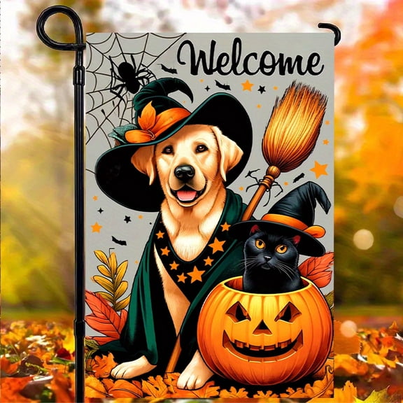 1pc 2D flat Cat and Dog Welcome Garden Flag, Autumn Garden flag, dog and cat wearing Wizard hats design. Welcome to Pumpkin Garden Flag Garden - Pumpkin and spider web decorations, seasonal farm deco