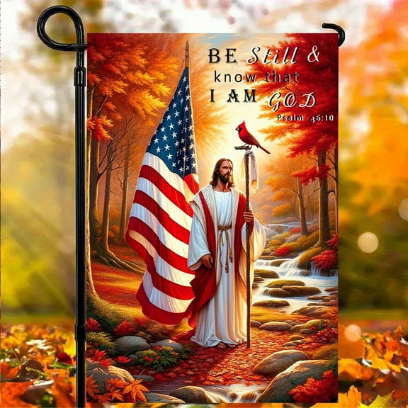 1pc 2D flat Courtyard flag, Jesus with the American flag and Psalm quotations design, Garden flag, Cardinal, Snow Forest, Jesus painting - outdoor decorative banner, ideal choice for faith celebratio