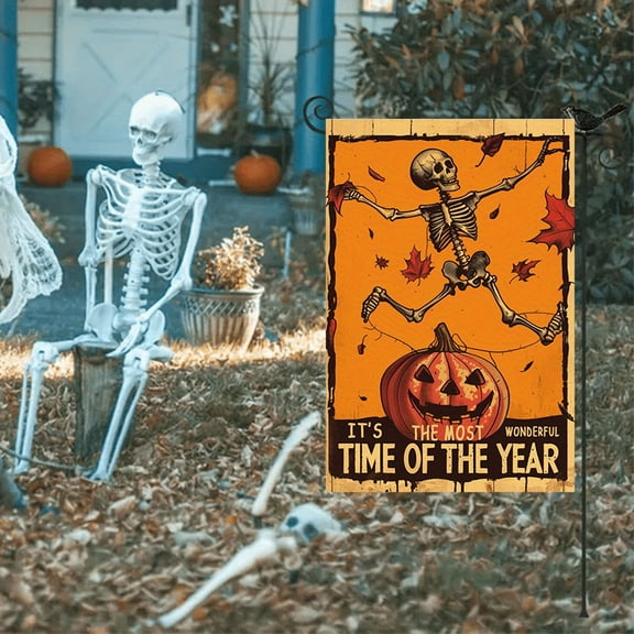 1pc 2D flat Halloween Skull Garden Flag, Horror Festival Celebration - Halloween Skull and Pumpkin Courtyard Flag, Festival Outdoor Decoration, Double-sided Polyester Outdoor Decoration, with Pumpkin