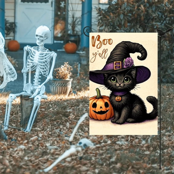 1pc 2D flat Halloween Witch Cat Garden Flag for Outdoor use, holiday yard flag without flagpole 12X18 inches - Decorate your yard with this cute Halloween cat flag. Cute Halloween cat yard flag - Add
