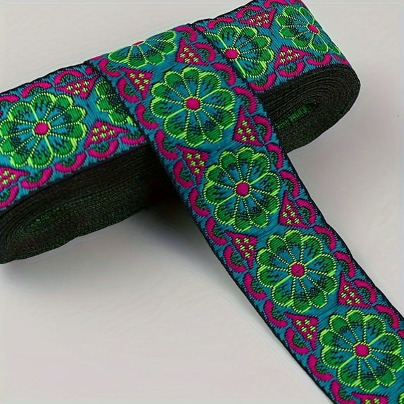 1pc 2Yards 3.3cm Wide Vibrant Floral Jacquard Ribbon - Ethnic Lace Trim for Clothing, Bag Sewing, Fabric Embellishment - Woven Webbing Tape with Embroidered Flower Pattern for DIY Crafting