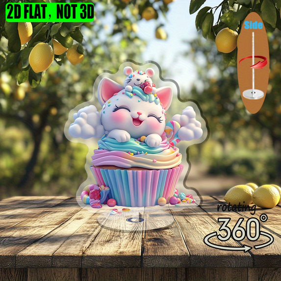 1pc 2d flat Rotating acrylic display featuring a mischievous cupcake kitten under a rainbow cupcake tree perfect for home office and gifting