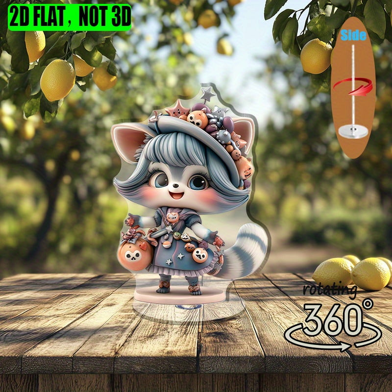 1pc 2d flat Rotating acrylic display featuring a playful raccoon girl ...