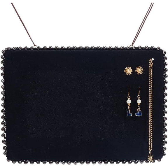 Velvet Earrings Organizer Holder Wall Mounted Jewelry Display Stand with Pearl Decor and Iron Hangers for Earring Studs Hair Clips Hanger Black 12.28.66"