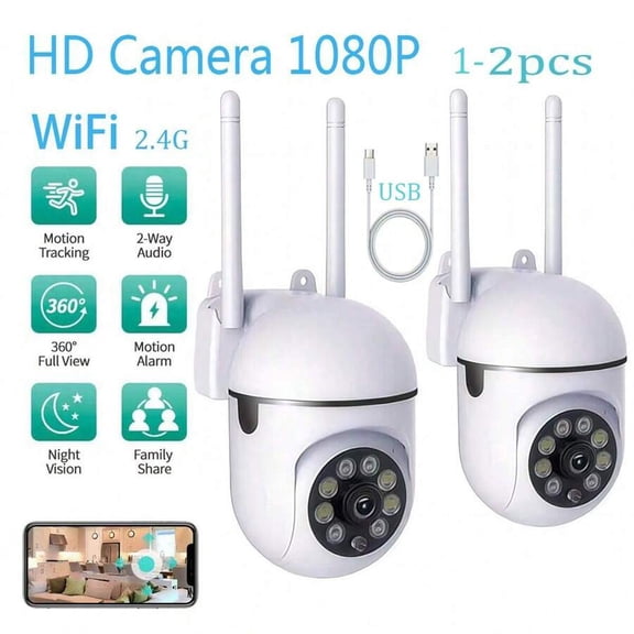 1pc/2pcs 1080P HD Security Camera, Wireless WiFi Connection, App Control, Motion & Audio Alert, Night Vision, Wall-Mounted, For Indoor/Outdoor Home Security, With Spotlight & Siren, USB Powered
