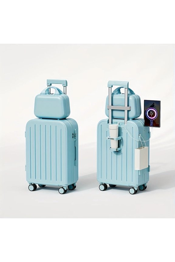 1pc/2pcs Minimalist Solid Color Luggage Case Set, Hard Shell Zipper Trolley Case With Square Small Makeup Handbag For Travel/Home Storage