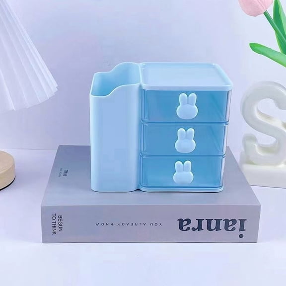 1pc 3-Layer Drawer Type Storage Box with Pen Container, Multifunctional Stationery Desktop Organizer for Office, Cute Rabbit Shaped Handle Storage Drawer, Table Decor, Desk Additions