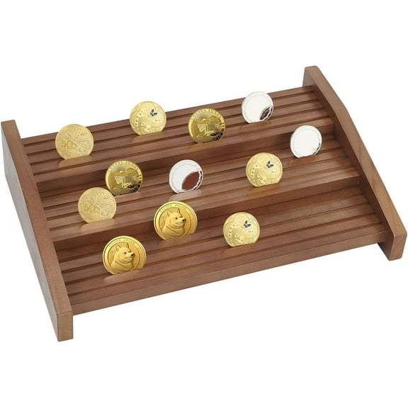1pc 3-Tier 12-Slot Wooden Commemorative Coin Display Risers Coin Organizer Holder Rectangle Camel 38.8x26x8cm