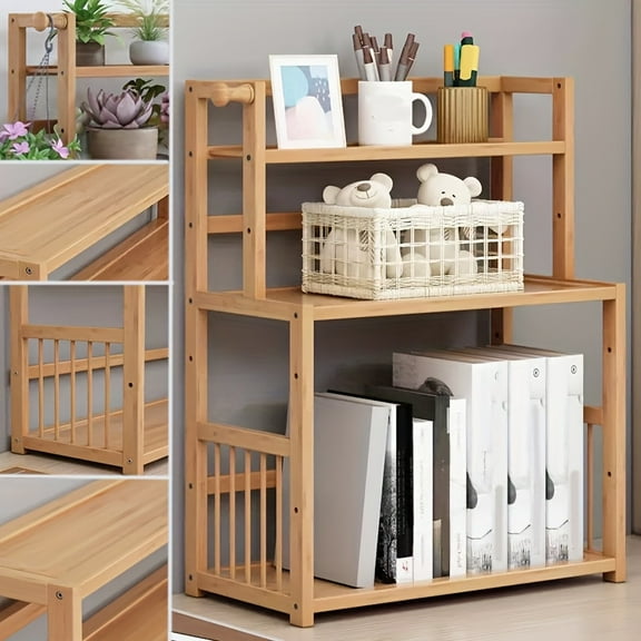 1pc 3-Tier Bamboo Desktop Organizer with Hooks - Large Capacity Space-Saving Shelf for Books, Stationery & Decor - Natural Wood Desk Storage for Dorm, Office, Bedroom