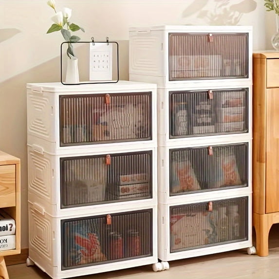 1pc 3 Tier Clear Stackable Shoe Display Box with Wheels - Large Collapsible White PP Plastic Organizer for Snacks, Quilts, and Bedroom Accessories