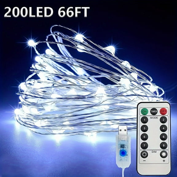 1pc 300LED USB String Lights, Silver Wire, 8 Lighting Modes, Remote Control, USB Powered, Non-rechargeable, Button Control, for Wedding, Bedroom, Ceiling, Christmas Decoratio