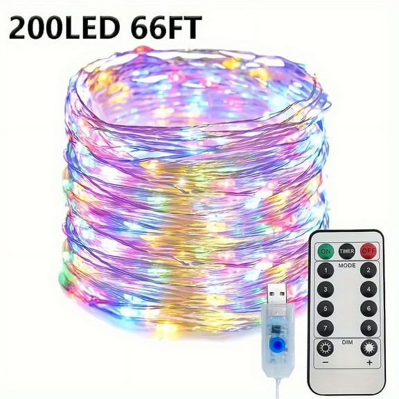 1pc 300LED USB String Lights, Silver Wire, 8 Lighting Modes, Remote Control, USB Powered, Non-rechargeable, Button Control, for Wedding, Bedroom, Ceiling, Christmas Decoratio