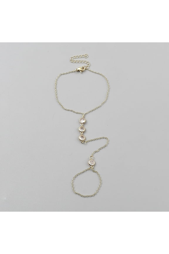 1pc 304 Stainless Steel Rhinestone Flat Round Link Finger Ring Bracelets for Women Light Gold 7-1/8 inch(18cm)