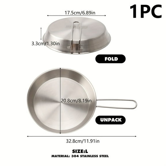 1pc 304 Stainless Steel Skillet with Folding Handle, Non-Stick Frying Pan for Outdoor Camping, Portable Cookware for Steak & Eggs, Durable Open Fire Cooking Accessory