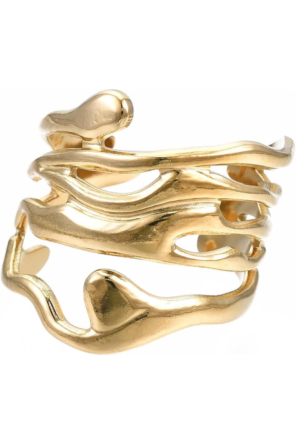1pc 304 Stainless Steel Wave Open Cuff Ring Chunky Hollow Ring for Women Real 14K Gold Plated US Size 7(17.3mm)