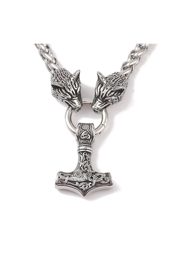 1pc 304 Stainless Steel Wolf Head King Wheat Chain Mjolnir Thor Hammer Necklaces for Men Silver 23.43 inch(59.5cm)