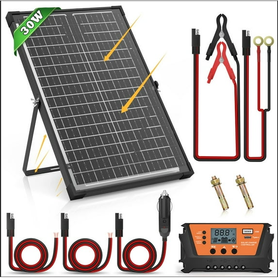 1pc 30W Bifacial Solar Panel Kit Built-in Smart Controller 12V Solar Panel Solar Battery Charger Maintainer Waterproof Adjustable Mount Bracket For Boat Car RV Motorcycle Marine Mower Tractor Trailer