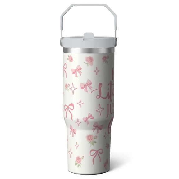 1pc Pink bow 30oz Tumbler with Straw & Handle - Insulated Stainless Steel Cup | Holiday Gift for Man Women (Christmas, Valentine's, Birthday)