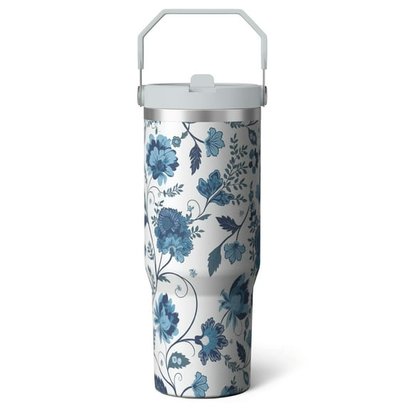 1pc Blue flowers 30oz Tumbler with Straw & Handle - Insulated Stainless Steel Cup | Holiday Gift for Man Women (Christmas, Valentine's, Birthday)