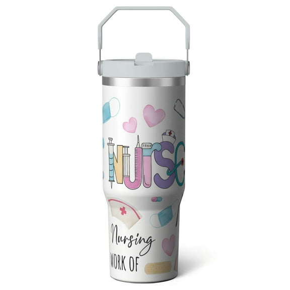 1pc Nurse 30oz Tumbler with Straw & Handle - Insulated Stainless Steel Cup | Holiday Gift for Man Women (Christmas, Valentine's, Birthday)