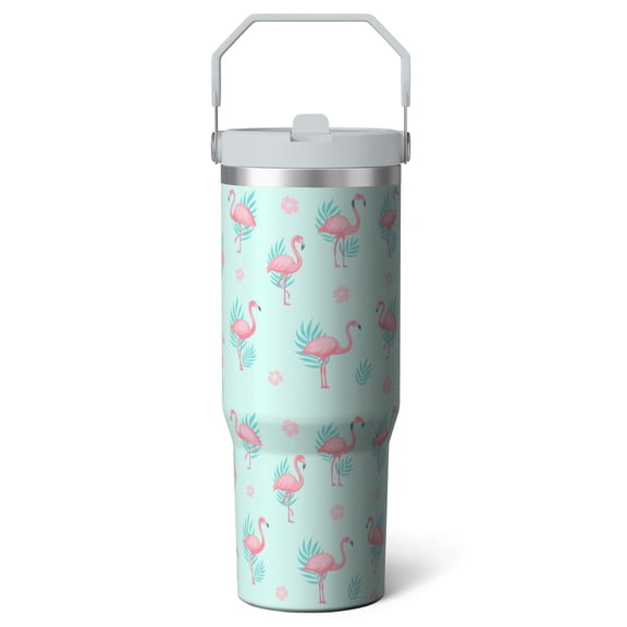 1pc Flamingo 30oz Tumbler with Straw & Handle - Insulated Stainless Steel Cup | Holiday Gift for Man Women (Christmas, Valentine's, Birthday)