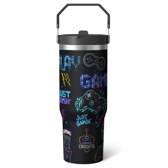 1pc Gamer 30oz Tumbler with Straw & Handle - Insulated Stainless Steel Cup | Holiday Gift for Man Women (Christmas, Valentine's, Birthday)