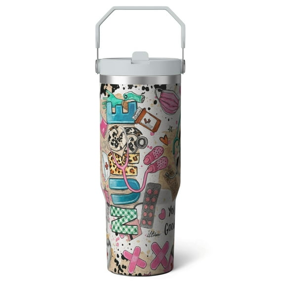 1pc Nurse 30oz Tumbler with Straw & Handle - Insulated Stainless Steel Cup | Holiday Gift for Man Women (Christmas, Valentine's, Birthday)