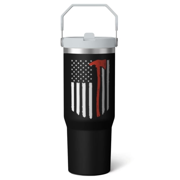1pc Firefighter 30oz Tumbler with Straw & Handle - Insulated Stainless Steel Cup | Holiday Gift for Man Women (Christmas, Valentine's, Birthday)