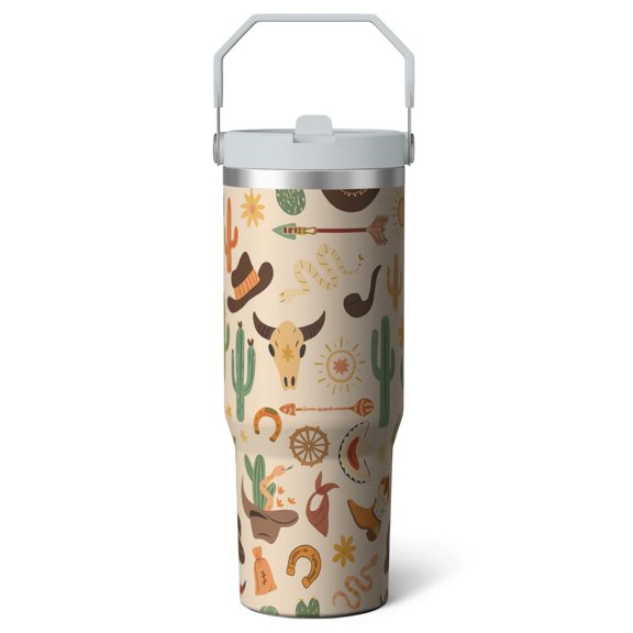 1pc Western Cowboy-1 30oz Tumbler with Straw & Handle - Insulated Stainless Steel Cup | Holiday Gift for Man Women (Christmas, Valentine's, Birthday)