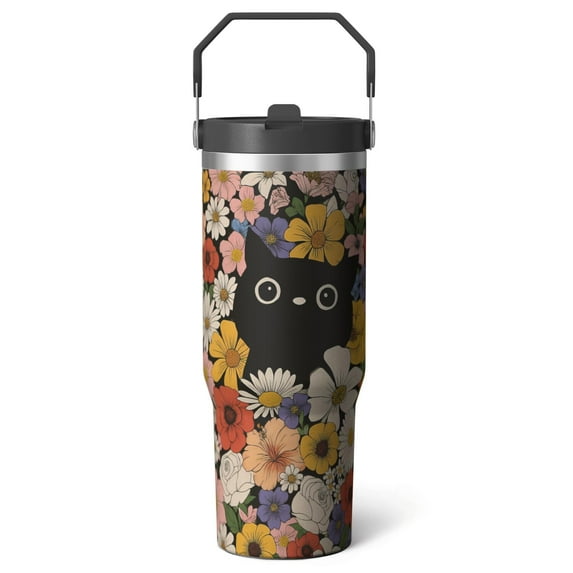 1pc cat 30oz Tumbler with Straw & Handle - Insulated Stainless Steel Cup | Holiday Gift for Man Women (Christmas, Valentine's, Birthday)