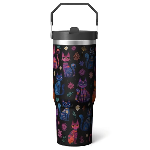 1pc Cat 30oz Tumbler with Straw & Handle - Insulated Stainless Steel Cup | Holiday Gift for Man Women (Christmas, Valentine's, Birthday)