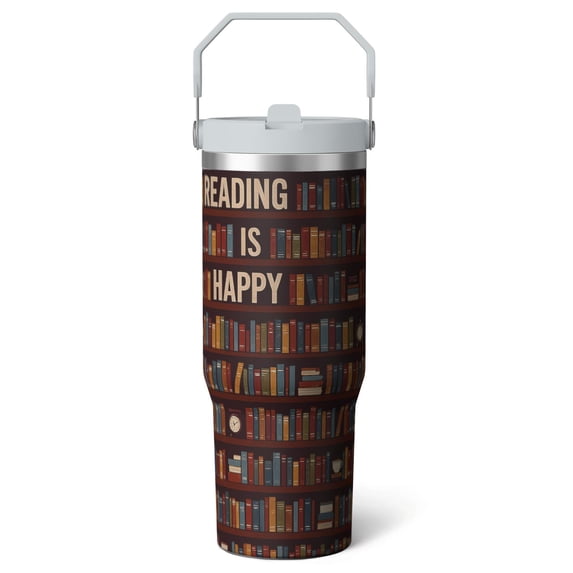 1pc bookshelf 30oz Tumbler with Straw & Handle - Insulated Stainless Steel Cup | Holiday Gift for Man Women (Christmas, Valentine's, Birthday)