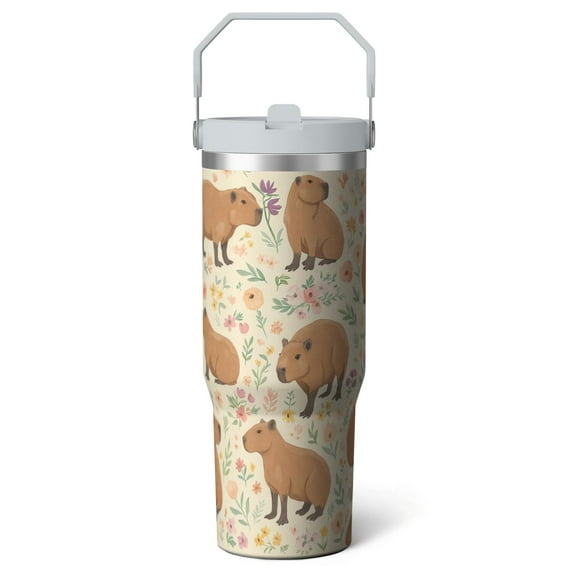 1pc Capibara 30oz Tumbler with Straw & Handle - Insulated Stainless Steel Cup | Holiday Gift for Man Women (Christmas, Valentine's, Birthday)