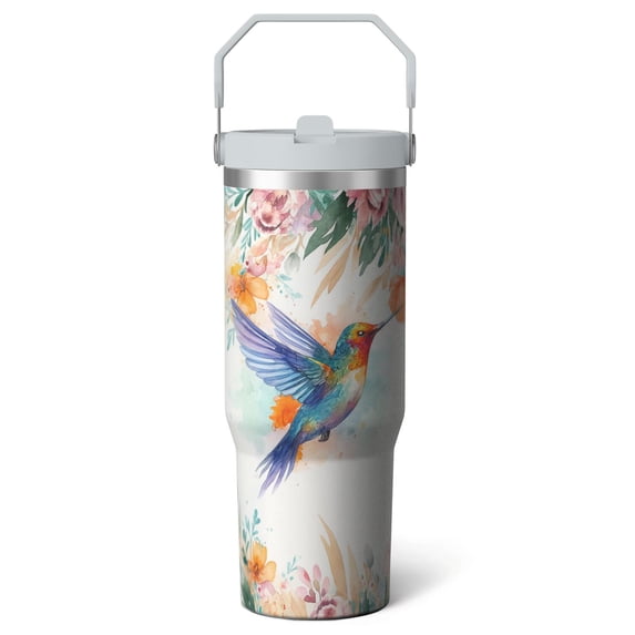 1pc Flowers and Birds 30oz Tumbler with Straw & Handle - Insulated Stainless Steel Cup | Holiday Gift for Man Women (Christmas, Valentine's, Birthday)