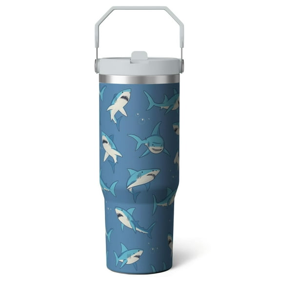 1pc shark 30oz Tumbler with Straw & Handle - Insulated Stainless Steel Cup | Holiday Gift for Man Women (Christmas, Valentine's, Birthday)