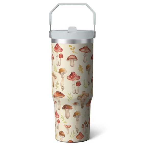 1pc Mushroom 30oz Tumbler with Straw & Handle - Insulated Stainless Steel Cup | Holiday Gift for Man Women (Christmas, Valentine's, Birthday)