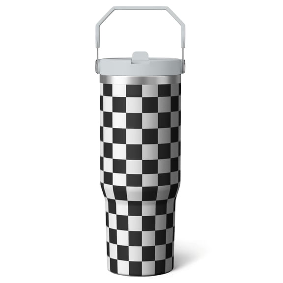 1pc Black and white grid 30oz Tumbler with Straw & Handle - Insulated Stainless Steel Cup | Holiday Gift for Man Women (Christmas, Valentine's, Birthday)