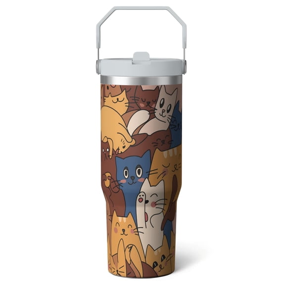 1pc Cat 30oz Tumbler with Straw & Handle - Insulated Stainless Steel Cup | Holiday Gift for Man Women (Christmas, Valentine's, Birthday)