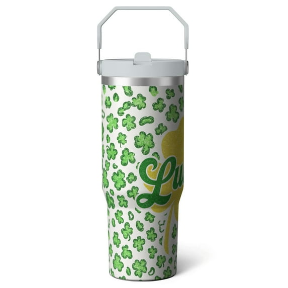 1pc Shamrock 30oz Tumbler with Straw & Handle - Insulated Stainless Steel Cup | Holiday Gift for Man Women (Christmas, Valentine's, Birthday)